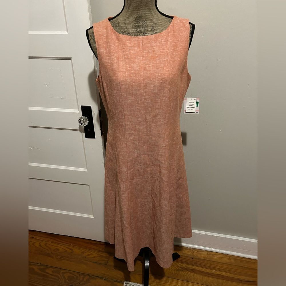 NWT Kasper Heathered Coral Pink Linen Blend Fit and Flare Sleeveless Dress